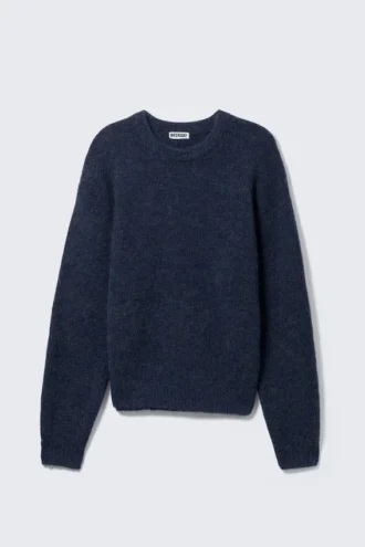 Regular Knitted Wool-Blend Sweater – Navy Blue Melange