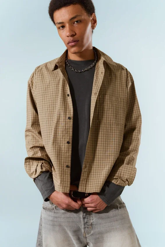 Relaxed Boxy Poplin Shirt – Beige Check Relaxed Boxy Poplin Shirt – Beige Check