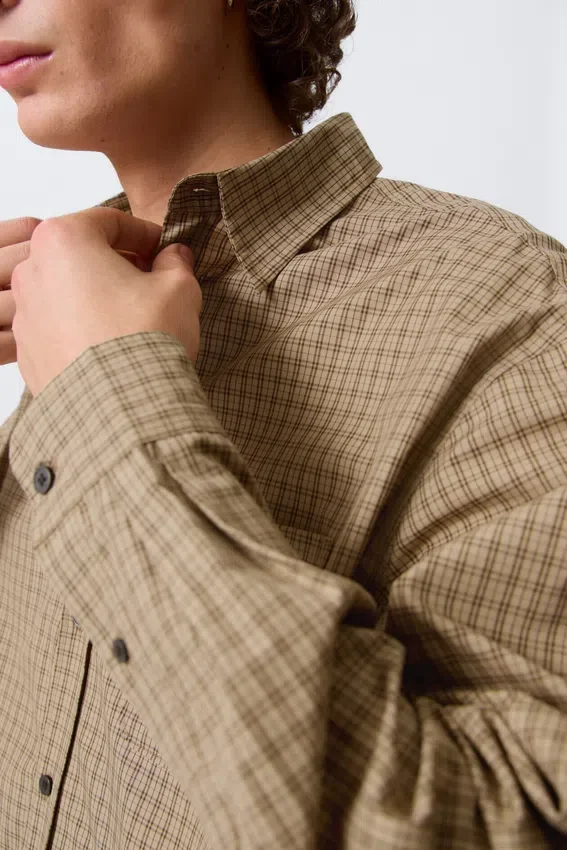 Relaxed Boxy Poplin Shirt – Beige Check Relaxed Boxy Poplin Shirt – Beige Check