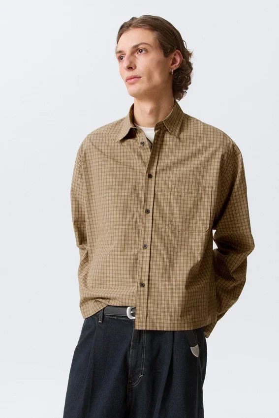 Relaxed Boxy Poplin Shirt – Beige Check Relaxed Boxy Poplin Shirt – Beige Check