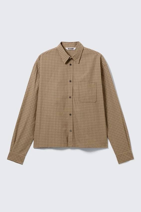 Relaxed Boxy Poplin Shirt – Beige Check Relaxed Boxy Poplin Shirt – Beige Check
