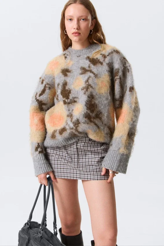 Relaxed Brushed Jacquard Knit Sweater – Grey Melange – Jacquard Relaxed Brushed Jacquard Knit Sweater – Grey Melange – Jacquard