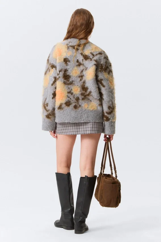 Relaxed Brushed Jacquard Knit Sweater – Grey Melange – Jacquard Relaxed Brushed Jacquard Knit Sweater – Grey Melange – Jacquard