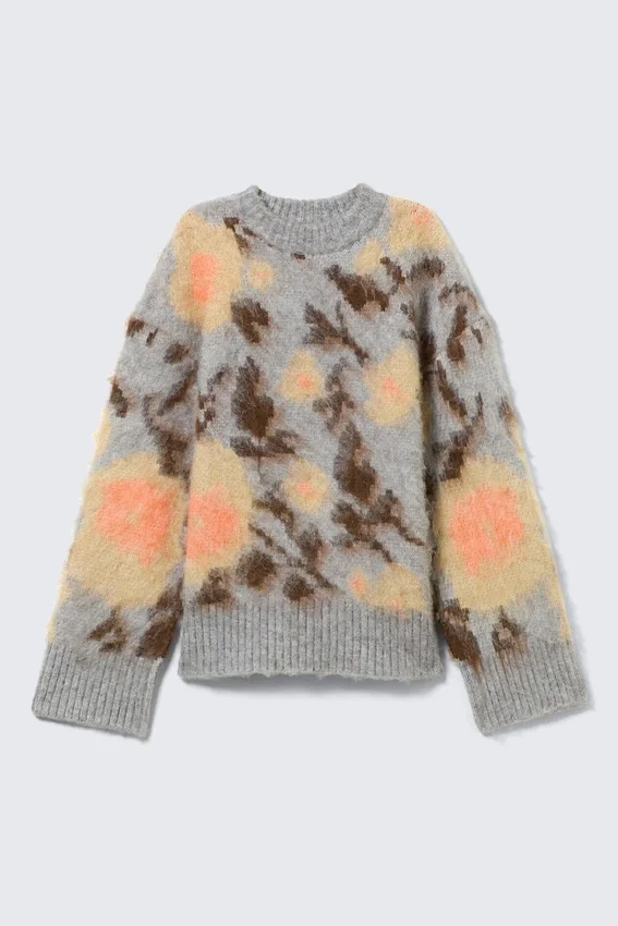 Relaxed Brushed Jacquard Knit Sweater – Grey Melange – Jacquard Relaxed Brushed Jacquard Knit Sweater – Grey Melange – Jacquard