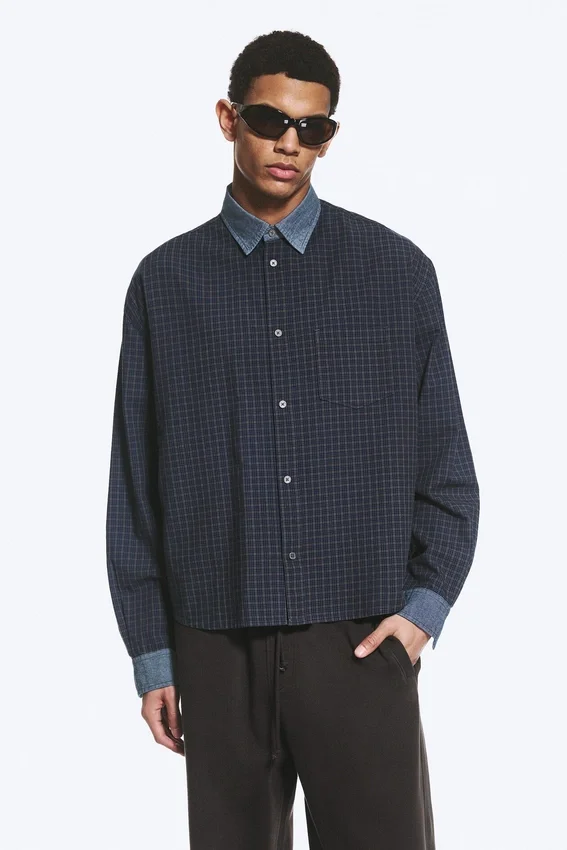 Relaxed Checked Cotton Shirt – Checked Grey – Contrast Denim Relaxed Checked Cotton Shirt – Checked Grey – Contrast Denim