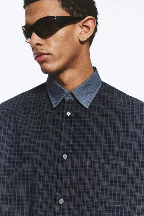 Relaxed Checked Cotton Shirt – Checked Grey – Contrast Denim Relaxed Checked Cotton Shirt – Checked Grey – Contrast Denim
