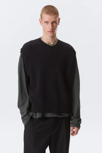 Relaxed Distressed Knitted Vest – Black
