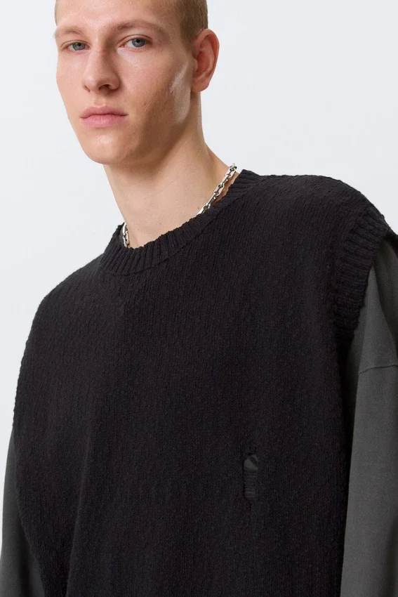Relaxed Distressed Knitted Vest – Black Relaxed Distressed Knitted Vest – Black