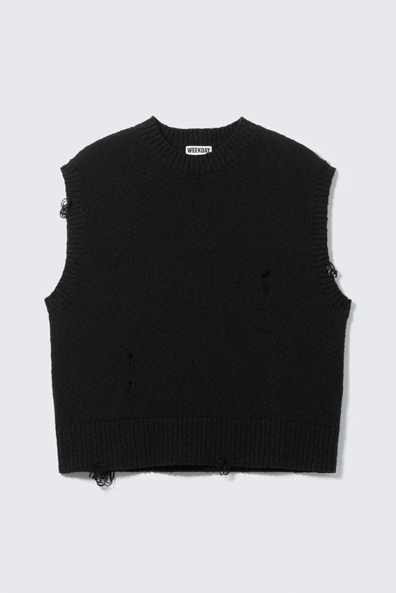Relaxed Distressed Knitted Vest – Black Relaxed Distressed Knitted Vest – Black