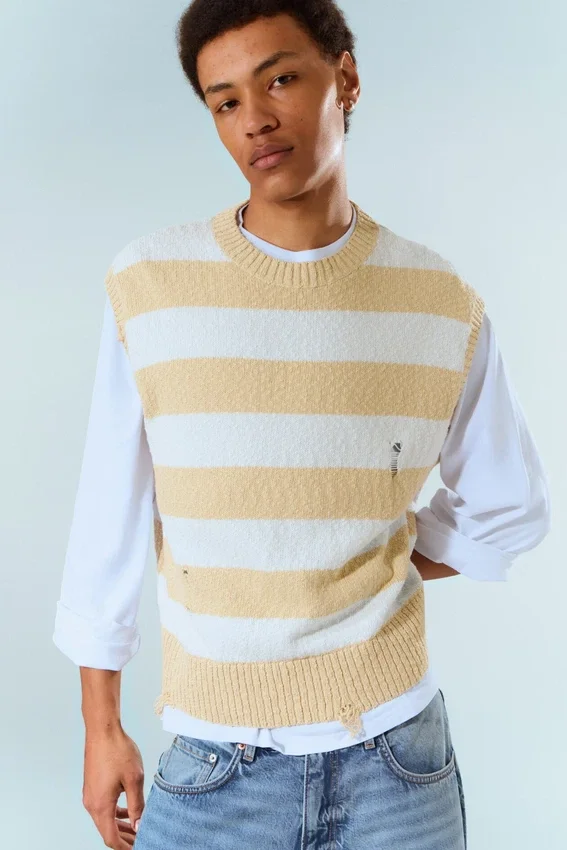 Relaxed Distressed Knitted Vest – Blue & Beige Stripe Relaxed Distressed Knitted Vest – Blue & Beige Stripe