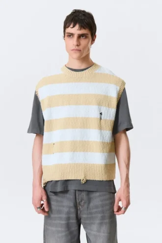 Relaxed Distressed Knitted Vest – Blue & Beige Stripe