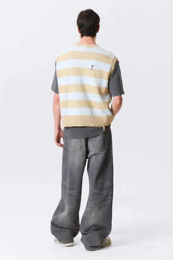 Relaxed Distressed Knitted Vest – Blue & Beige Stripe Relaxed Distressed Knitted Vest – Blue & Beige Stripe