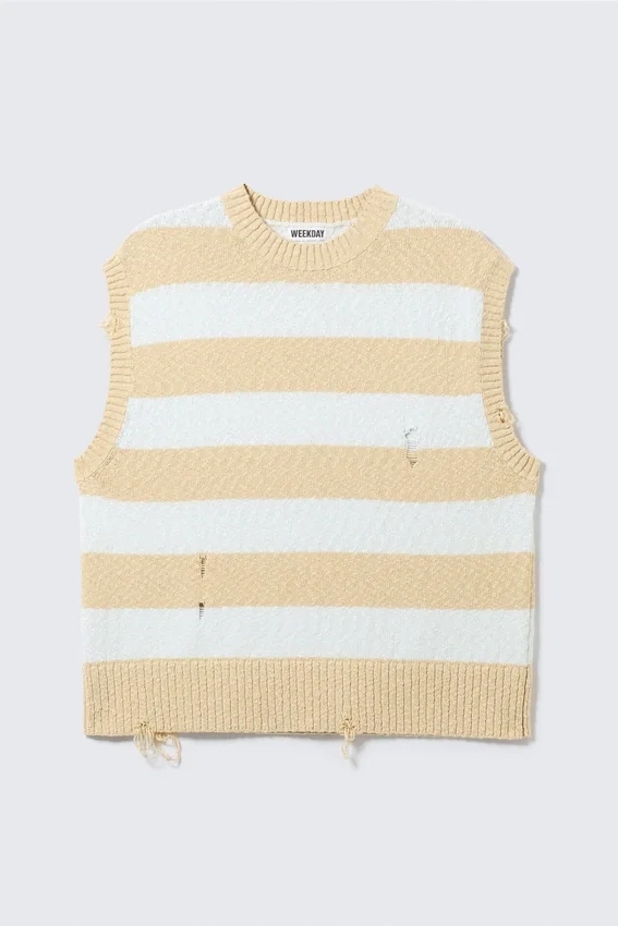 Relaxed Distressed Knitted Vest – Blue & Beige Stripe Relaxed Distressed Knitted Vest – Blue & Beige Stripe