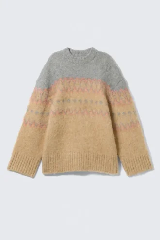 Relaxed Fit Fluffy Knit Sweater – Beige/Grey Fairisle Relaxed Fit Fluffy Knit Sweater – Beige/Grey Fairisle