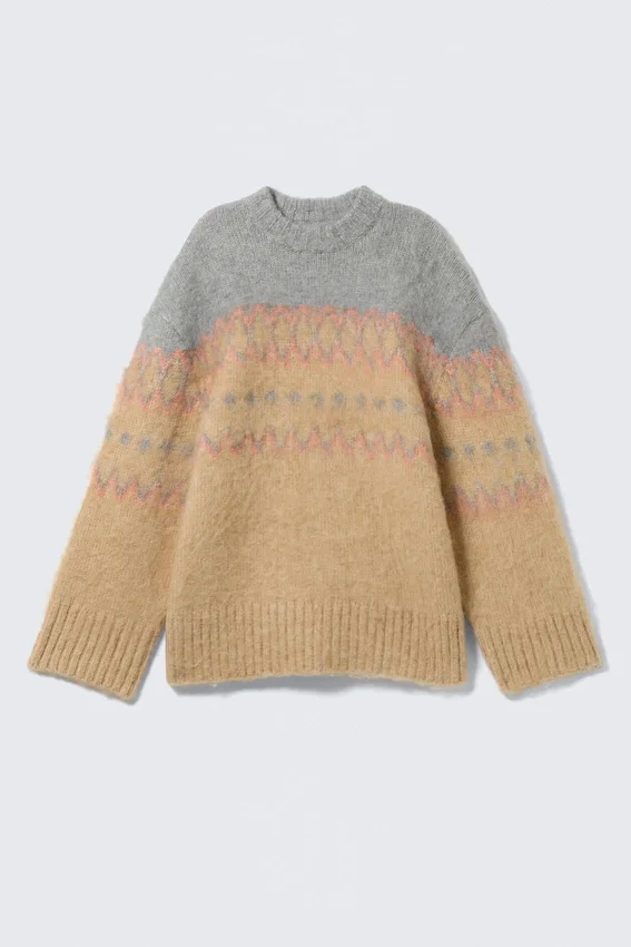 Relaxed Fit Fluffy Knit Sweater – Beige/Grey Fairisle Relaxed Fit Fluffy Knit Sweater – Beige/Grey Fairisle