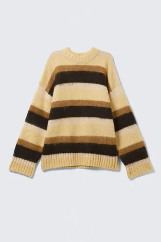 Relaxed Fit Fluffy Knit Sweater – Dusty Yellow & Brown Stripes
