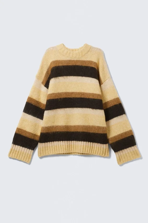 Relaxed Fit Fluffy Knit Sweater – Dusty Yellow & Brown Stripes Relaxed Fit Fluffy Knit Sweater – Dusty Yellow & Brown Stripes