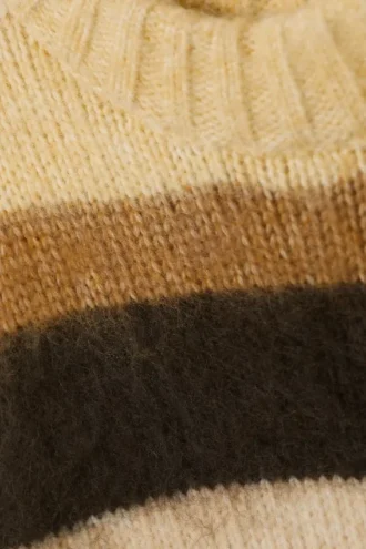 Relaxed Fit Fluffy Knit Sweater – Dusty Yellow & Brown Stripes