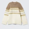 Relaxed Fit Fluffy Knit Sweater – White/Dark Beige Fairisle Relaxed Fit Fluffy Knit Sweater – White/Dark Beige Fairisle