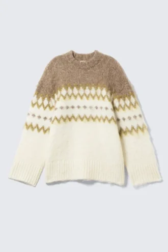 Relaxed Fit Fluffy Knit Sweater – White/Dark Beige Fairisle