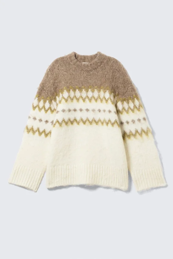 Relaxed Fit Fluffy Knit Sweater – White/Dark Beige Fairisle Relaxed Fit Fluffy Knit Sweater – White/Dark Beige Fairisle