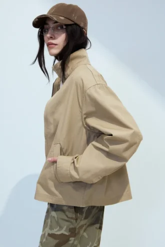 Relaxed Funnel-Neck Cotton Jacket – Beige