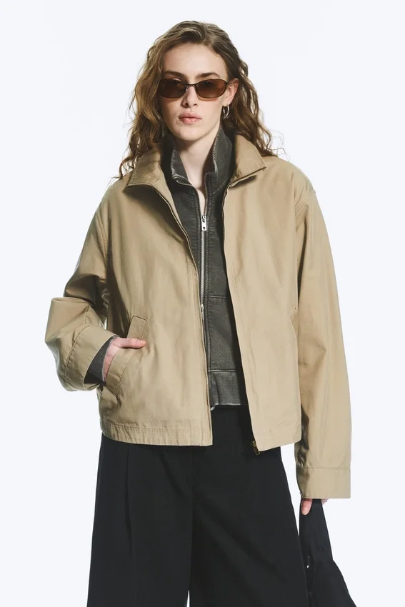 Relaxed Funnel-Neck Cotton Jacket – Beige Relaxed Funnel-Neck Cotton Jacket – Beige