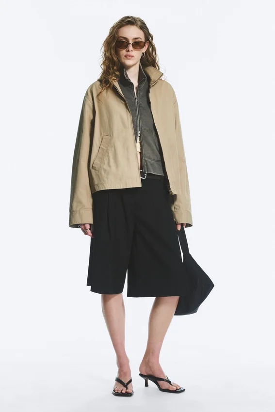 Relaxed Funnel-Neck Cotton Jacket – Beige Relaxed Funnel-Neck Cotton Jacket – Beige