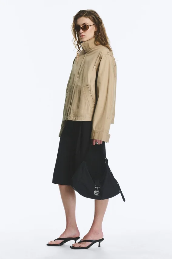 Relaxed Funnel-Neck Cotton Jacket – Beige Relaxed Funnel-Neck Cotton Jacket – Beige