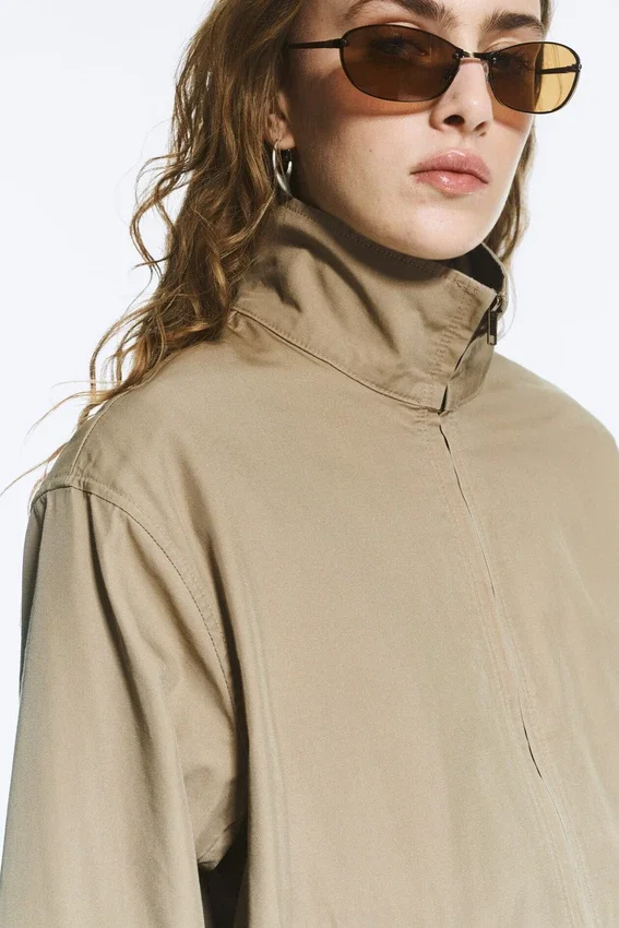 Relaxed Funnel-Neck Cotton Jacket – Beige Relaxed Funnel-Neck Cotton Jacket – Beige