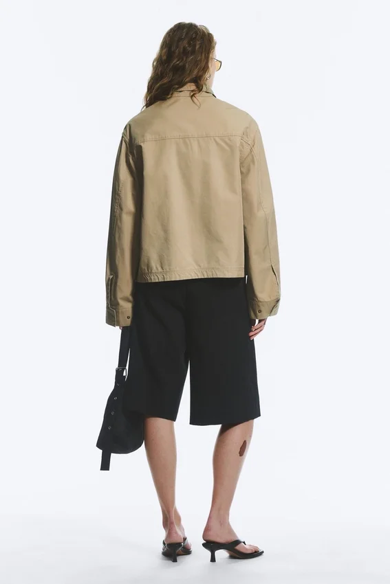 Relaxed Funnel-Neck Cotton Jacket – Beige Relaxed Funnel-Neck Cotton Jacket – Beige