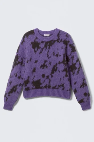 Relaxed Graphic Wool-Blend Sweater – Purple – Abstract Black