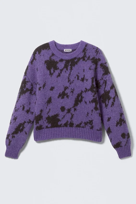 Relaxed Graphic Wool-Blend Sweater – Purple – Abstract Black Relaxed Graphic Wool-Blend Sweater – Purple – Abstract Black