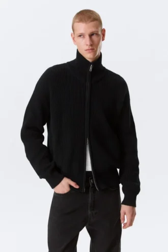 Relaxed High-Neck Zip Knit Cardigan – Black