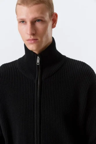 Relaxed High-Neck Zip Knit Cardigan – Black