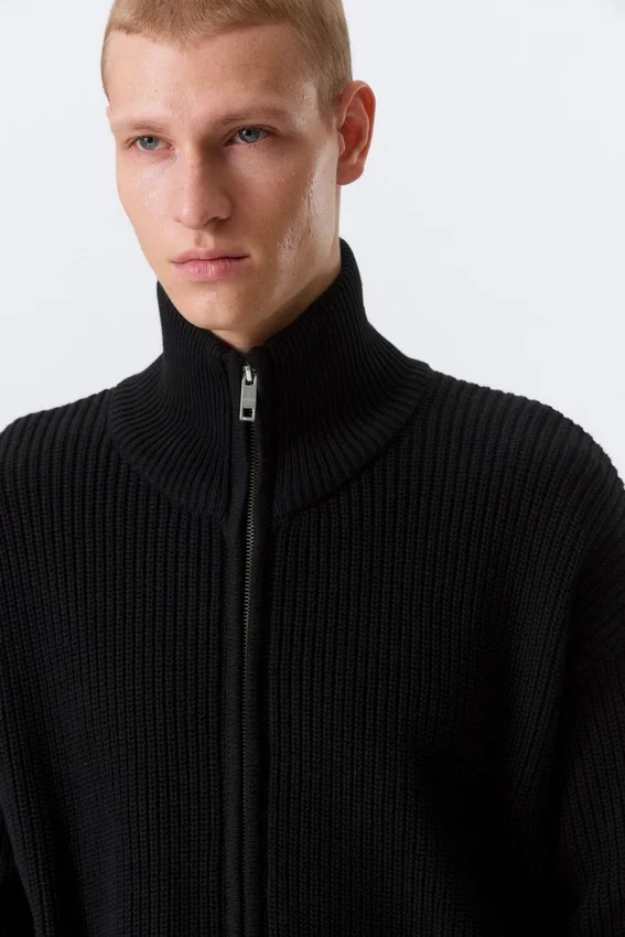 Relaxed High-Neck Zip Knit Cardigan – Black Relaxed High-Neck Zip Knit Cardigan – Black