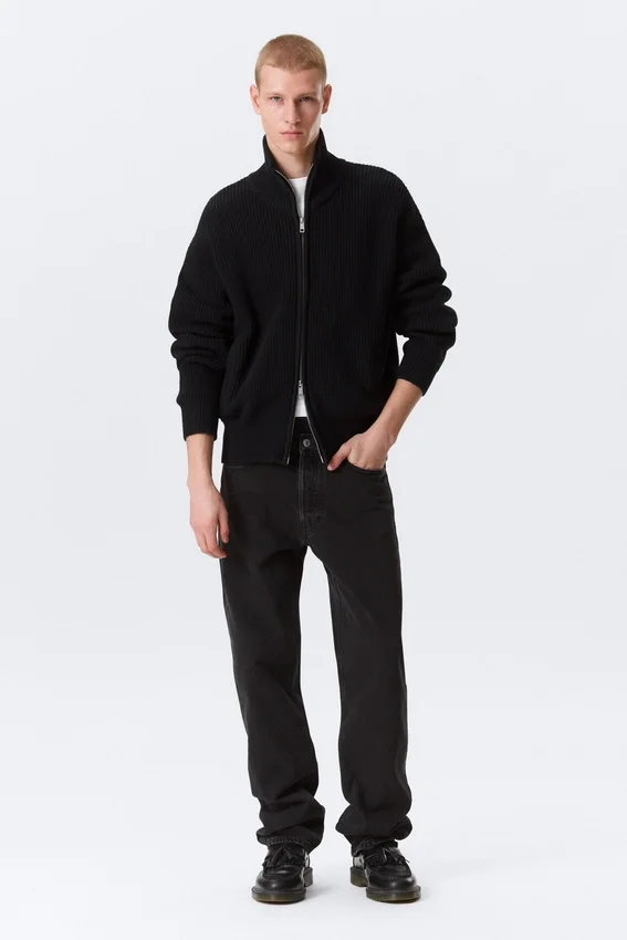Relaxed High-Neck Zip Knit Cardigan – Black Relaxed High-Neck Zip Knit Cardigan – Black