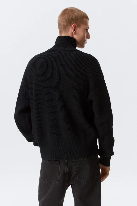 Relaxed High-Neck Zip Knit Cardigan – Black Relaxed High-Neck Zip Knit Cardigan – Black
