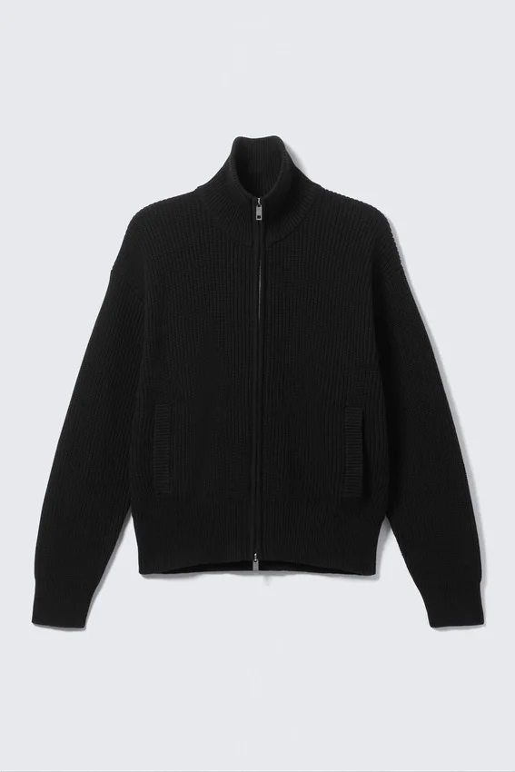 Relaxed High-Neck Zip Knit Cardigan – Black Relaxed High-Neck Zip Knit Cardigan – Black