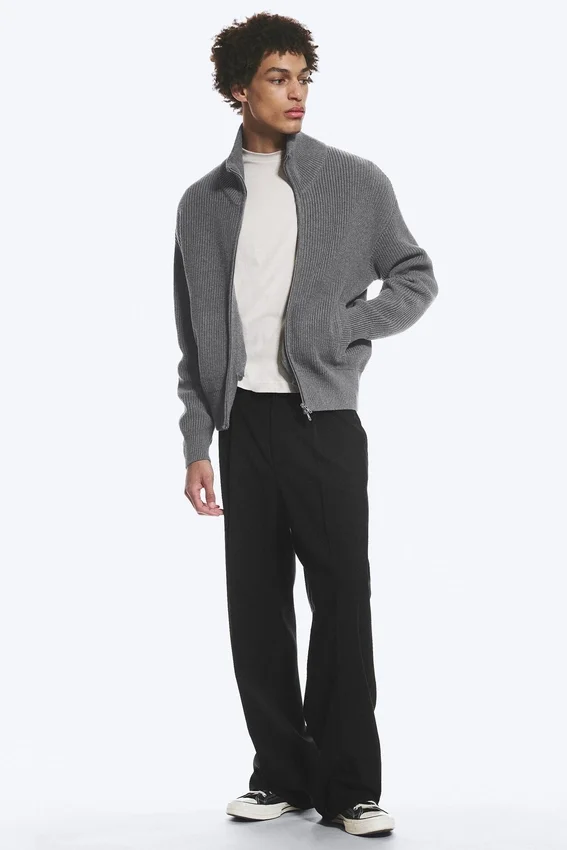 Relaxed High-Neck Zip Knit Cardigan – Light Dusty Grey Relaxed High-Neck Zip Knit Cardigan – Light Dusty Grey