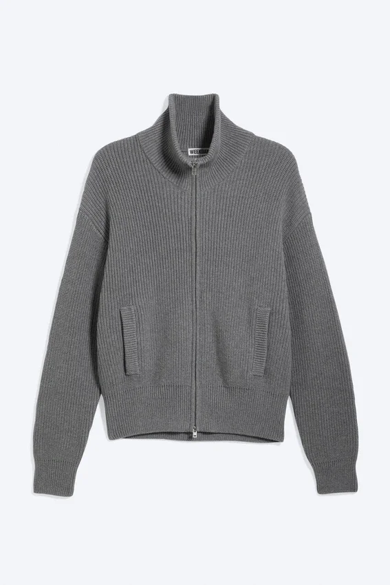 Relaxed High-Neck Zip Knit Cardigan – Light Dusty Grey Relaxed High-Neck Zip Knit Cardigan – Light Dusty Grey