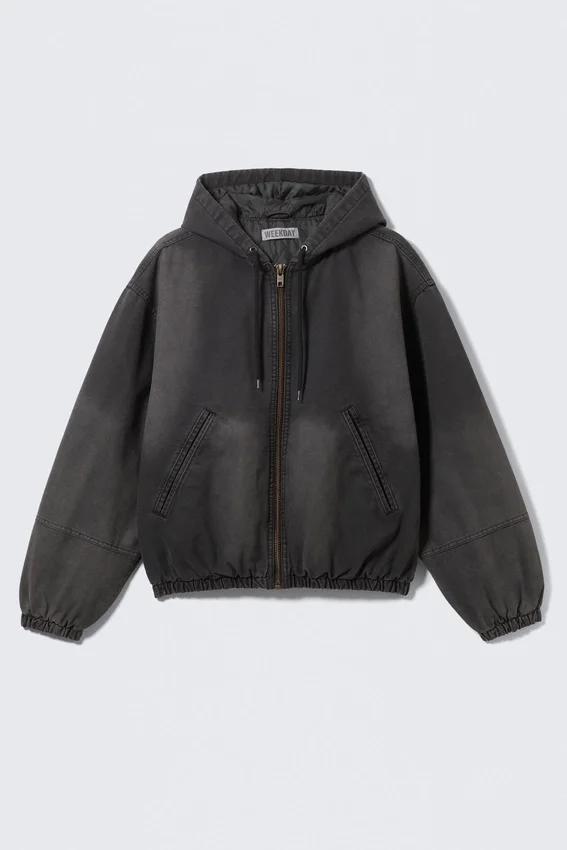 Relaxed Hooded Bomber Jacket – Washed Black Relaxed Hooded Bomber Jacket – Washed Black