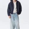 Relaxed Hooded Bomber Jacket – Washed Navy Blue Relaxed Hooded Bomber Jacket – Washed Navy Blue