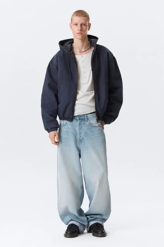 Relaxed Hooded Bomber Jacket – Washed Navy Blue Relaxed Hooded Bomber Jacket – Washed Navy Blue