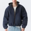 Relaxed Hooded Bomber Jacket – Washed Navy Blue Relaxed Hooded Bomber Jacket – Washed Navy Blue