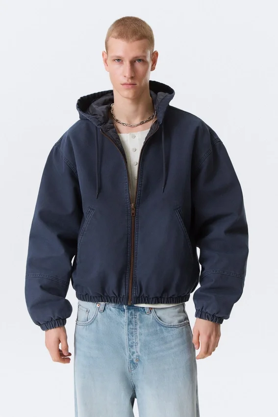 Relaxed Hooded Bomber Jacket – Washed Navy Blue Relaxed Hooded Bomber Jacket – Washed Navy Blue