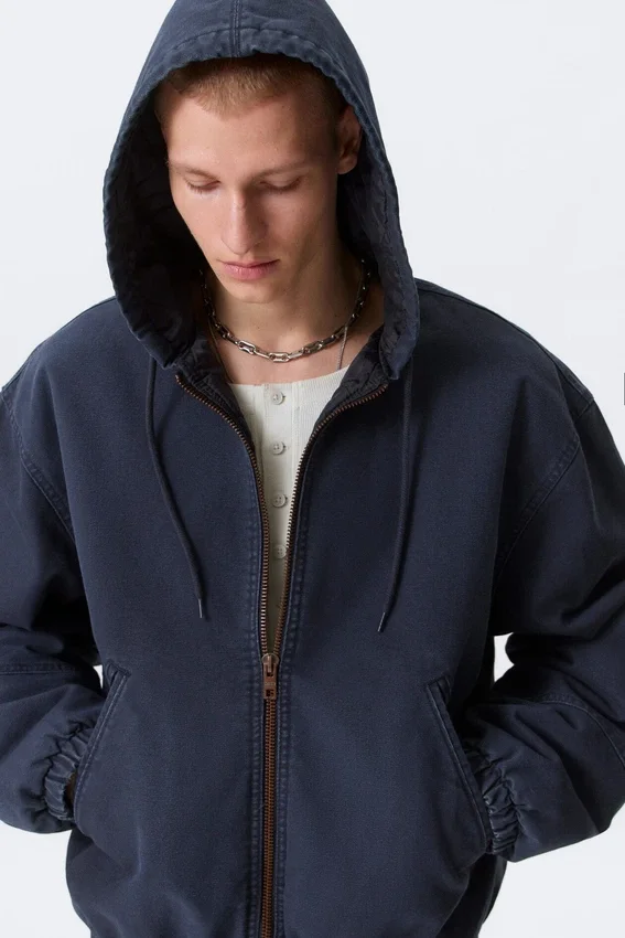 Relaxed Hooded Bomber Jacket – Washed Navy Blue Relaxed Hooded Bomber Jacket – Washed Navy Blue