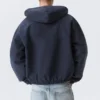 Relaxed Hooded Bomber Jacket – Washed Navy Blue Relaxed Hooded Bomber Jacket – Washed Navy Blue