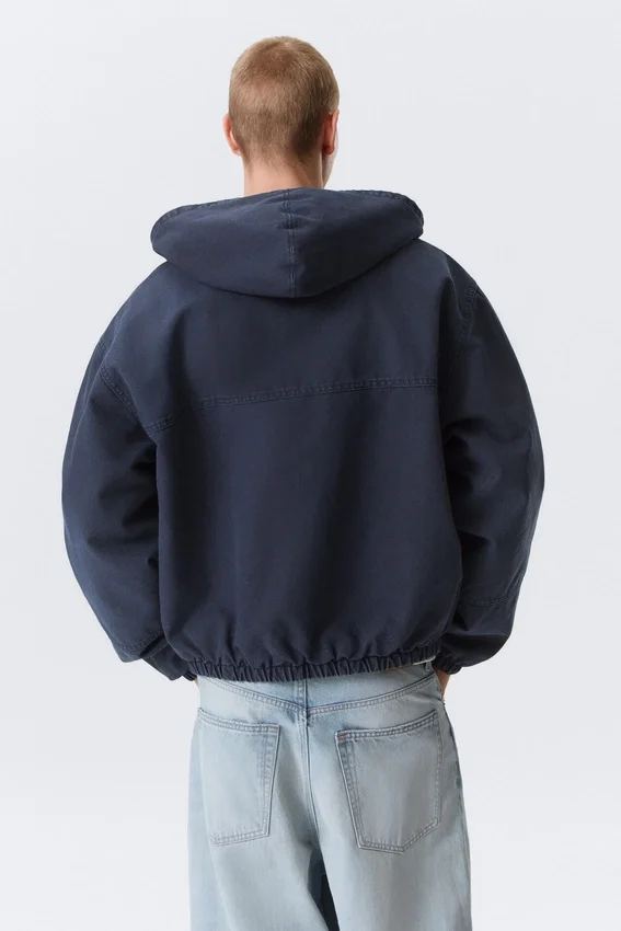 Relaxed Hooded Bomber Jacket – Washed Navy Blue Relaxed Hooded Bomber Jacket – Washed Navy Blue