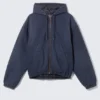 Relaxed Hooded Bomber Jacket – Washed Navy Blue Relaxed Hooded Bomber Jacket – Washed Navy Blue